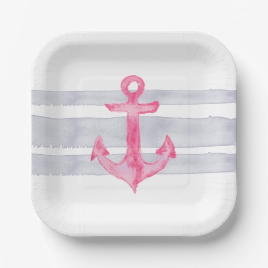 Nautisch roze grijs waterverf ankerstrepen papieren bordje (Voorkant)