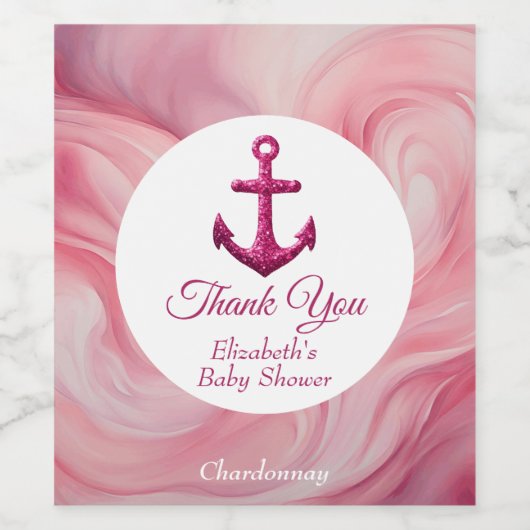 Nautisch Roze Sparkle Anchor Baby shower Wijn Etiket (Enkel label)
