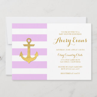 Nautisch Roze Streep Baby shower met Gouden Anker Kaart