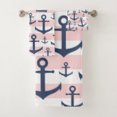 Nautisch roze strop blauw ankerpatroon bad handdoek (Insitu)