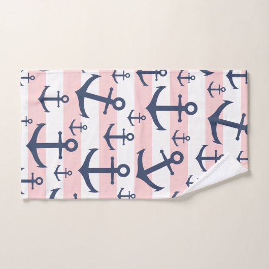 Nautisch roze strop blauw ankerpatroon bad handdoek (Handdoek)