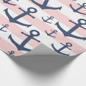 Nautisch roze strop blauw ankerpatroon cadeaupapier (Hoek)