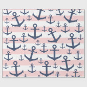 Nautisch roze strop blauw ankerpatroon cadeaupapier (Vlak)