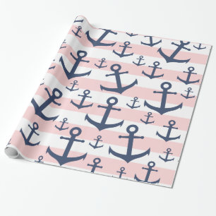 Nautisch roze strop blauw ankerpatroon cadeaupapier