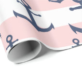 Nautisch roze strop blauw ankerpatroon cadeaupapier (Rol Hoek)