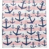 Nautisch roze strop blauw ankerpatroon douchegordijn (Voorkant)