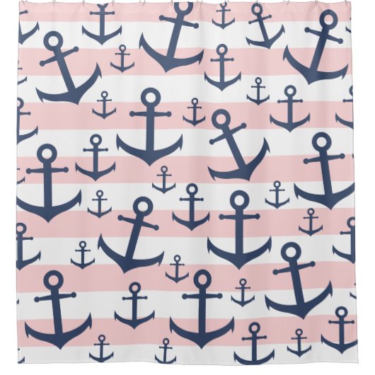 Nautisch roze strop blauw ankerpatroon douchegordijn (Voorkant)