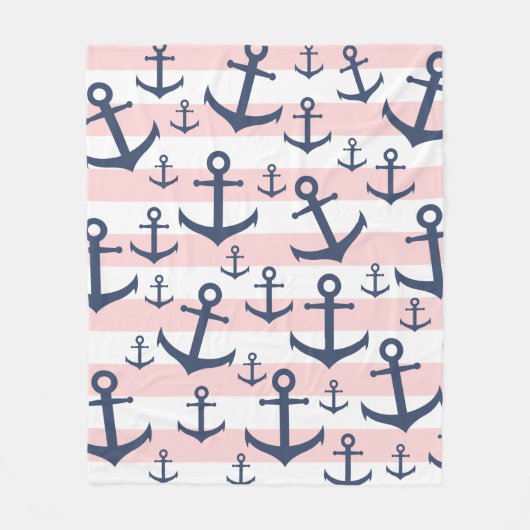 Nautisch roze strop blauw ankerpatroon fleece deken (Voorkant)