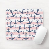 Nautisch roze strop blauw ankerpatroon muismat (Met muis)