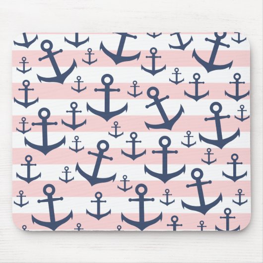 Nautisch roze strop blauw ankerpatroon muismat (Voorkant)