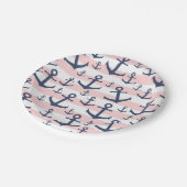 Nautisch roze strop blauw ankerpatroon papieren bordje (Gekanteld)