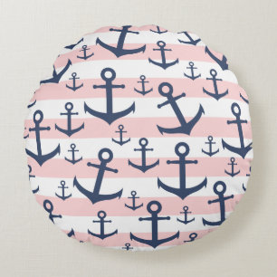 Nautisch roze strop blauw ankerpatroon rond kussen