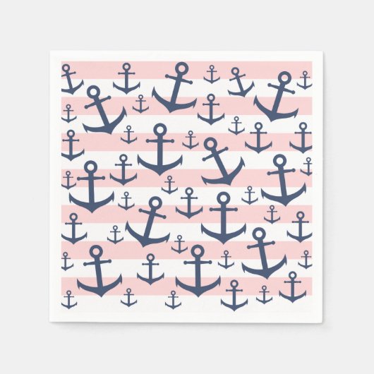 Nautisch roze strop blauw ankerpatroon servet (Voorkant)