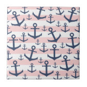 Nautisch roze strop blauw ankerpatroon tegeltje (Voorkant)