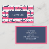 Nautisch roze strop blauw ankerpatroon visitekaartje (Voorkant / Achterkant)