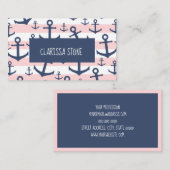 Nautisch roze strop blauw ankerpatroon visitekaartje (Voorkant / Achterkant)