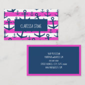 Nautisch roze strop blauw ankerpatroon visitekaartje (Voorkant / Achterkant)