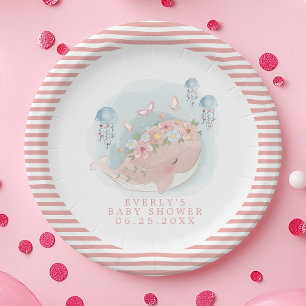 Nautisch Roze Walvis Kwallen Meisje Baby Shower Papieren Bordje
