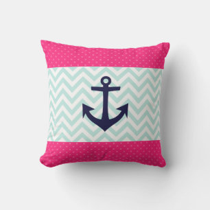Nautisch Roze Wit Mint Chevron Anker Patroon Kussen
