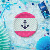 Nautisch Roze Wit Mint Chevron Anker Patroon Papieren Bordje (Feest)