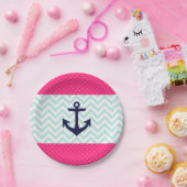 Nautisch Roze Wit Mint Chevron Anker Patroon Papieren Bordje (Feest)