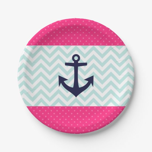 Nautisch Roze Wit Mint Chevron Anker Patroon Papieren Bordje (Voorkant)