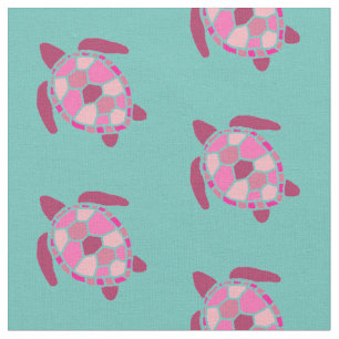 Nautisch roze Zee schildpadden Patroon op Blauwgro Stof