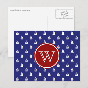 Nautisch Sail Away op Blauw Met Rode Monogram Briefkaart
