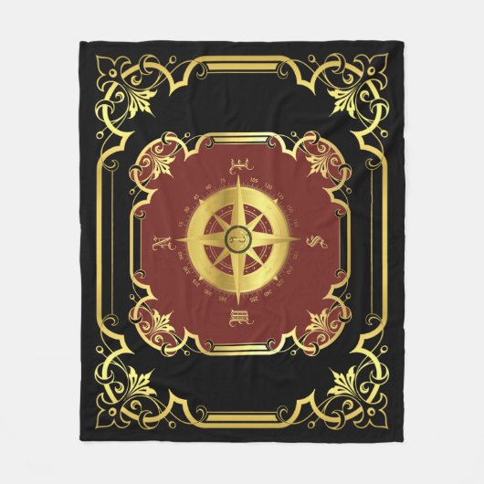 Nautisch scheepskompas, zwart/goud/rood fleece deken (Voorkant)