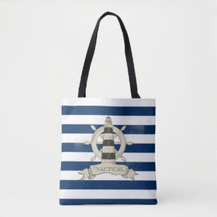 Nautisch,Scheepsstuurwiel,Blauw en Witte Strepen Tote Bag