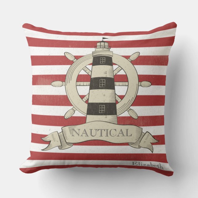 Nautisch,Scheepsstuurwiel,Rood en Witte Strepen Kussen (Voorkant)