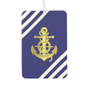 Nautisch scheepswiel/anker marineblauwe streep/gou luchtverfrisser