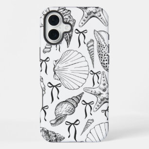 Nautisch schelpenpatroon in wit en zwart iPhone 16 plus hoesje