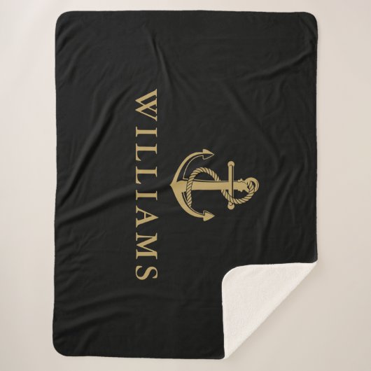 Nautisch Schip Anker Aangepaste Naam Zwart en Goud Sherpa Deken (Voorkant)