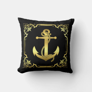 Nautisch schip anker silhouet/goud/zwart vierkant kussen