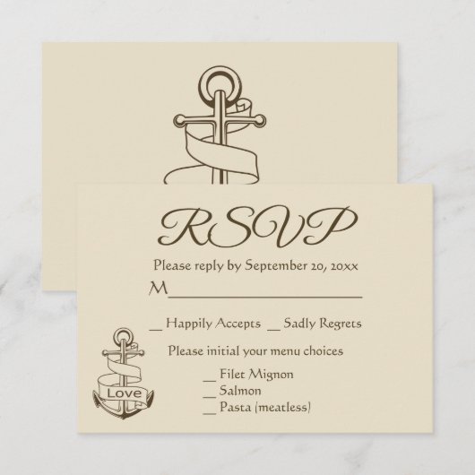Nautisch schip Anker Tan RSVP Bruin Huwelijksfeest (Voorkant / Achterkant)