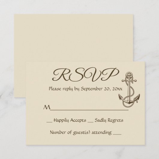 Nautisch schip Anker Tan RSVP Bruin Huwelijksfeest (Voorkant / Achterkant)