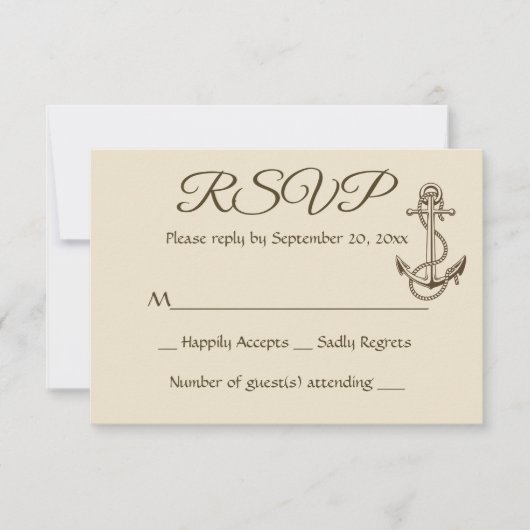 Nautisch schip Anker Tan RSVP Bruin Huwelijksfeest Kaartje (Voorkant)