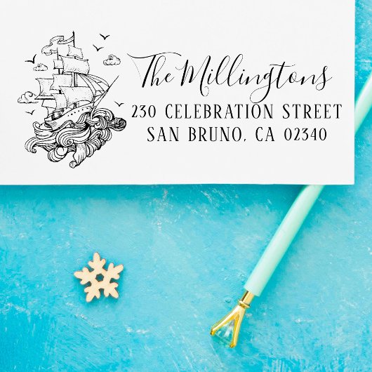 Nautisch schip familienaam Script & retour adres Zelfinktende Stempel