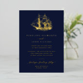 Nautisch schip illustratie Navy Blue Wedding Folie Uitnodiging (Staand Voorkant)