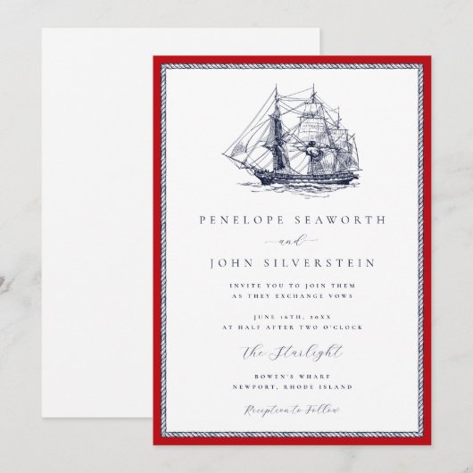 Nautisch schip Red Rope Lijst Classic Wedding Kaart (Voorkant / Achterkant)