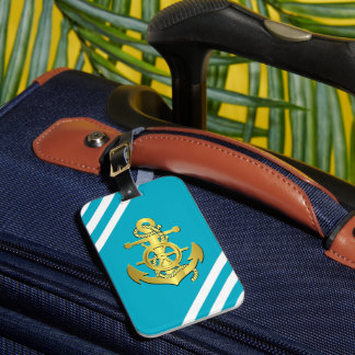 Nautisch schip wiel/anker aqua-blue streep/goud bagagelabel