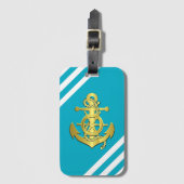 Nautisch schip wiel/anker aqua-blue streep/goud bagagelabel (Voorkant (verticaal))