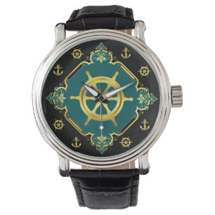Nautisch schip wiel / anker / goud / zwart / aqua horloge
