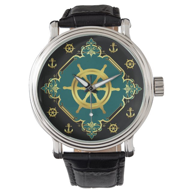 Nautisch schip wiel / anker / goud / zwart / aqua horloge (Voorkant)
