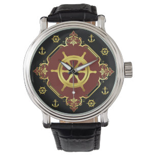Nautisch schip wiel / anker / goud / zwart / rood horloge