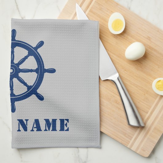 Nautisch Schip Wiel Helm Rope Uw Boot Naam Grijs Theedoek (Quarter Fold)