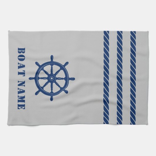 Nautisch Schip Wiel Helm Rope Uw Boot Naam Grijs Theedoek (Horizontaal)