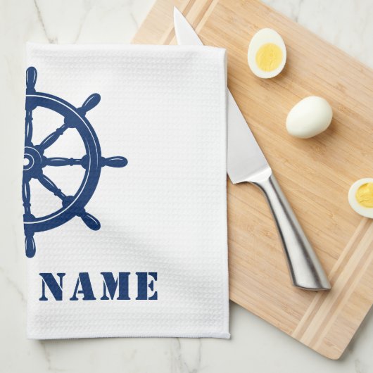 Nautisch Schip Wiel Helm Rope Uw Boot Naam Wit Theedoek (Quarter Fold)