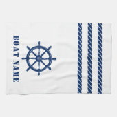 Nautisch Schip Wiel Helm Rope Uw Boot Naam Wit Theedoek (Horizontaal)